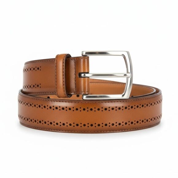 Allen Edmonds Mens 42 Leather Brogue Perforated Solid Brass Dress Belt USA Made - Picture 1 of 10